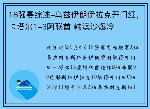 18强赛综述-乌兹伊朗伊拉克开门红，卡塔尔1-3阿联酋 韩澳沙爆冷